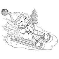 un joyeux bonhomme de neige partant en vacances, sur un traîneau avec un sapin de noël.dessiné à la main dans un style vintage, sur fond blanc. vecteur