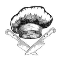 logo du chef avec des icônes de chef et de couteau. logo vintage culinaire sur fond blanc. le modèle du logo des ateliers culinaires. illustration vectorielle dessinée à la main. vecteur