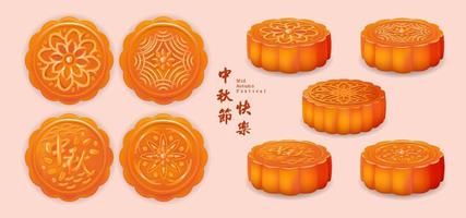 gâteaux de lune vue de dessus et de côté clipart illustration vectorielle avec texte chinois joyeux festival de la mi automne vecteur