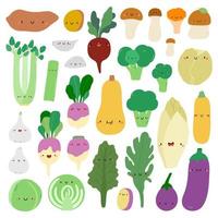 collection vectorielle super mignonne de légumes dessinés à la main. ensemble de légumes de saison. personnages de légumes d'automne - patate douce, betterave, champignons, brocoli, céleri, navet, ail, chou, roquette, chou frisé vecteur