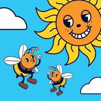 dessin animé soleil et abeille vecteur