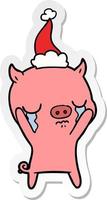 autocollant dessin animé d'un cochon qui pleure portant un bonnet de noel vecteur