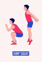 exercice de squat de saut, fitness d'entraînement pour hommes, aérobie et exercices. vecteur