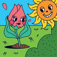 dessin animé soleil et fleur rétro vecteur