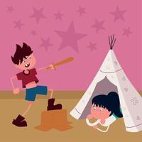 enfants jouant avec un tipi et une boîte vecteur