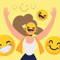 femme avec un visage emoji heureux vecteur