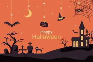 fond coloré d'halloween avec cimetière et maison effrayante. illustration de vecteur plat isolé sur fond orange