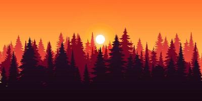 paysage horizontal d'automne vectoriel avec brouillard, forêt, épinette, sapin et lumière du soleil du matin. illustration de la saison d'automne de la silhouette de la vue panoramique, de la brume et des montagnes. feu dans les bois