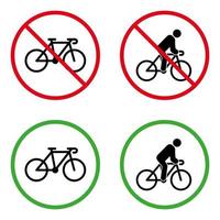 pictogramme interdit homme sur vélo. autoriser le symbole du cercle vert cycliste. aucun signe de vélo autorisé. jeu d'icônes de silhouette noire de cycle de conduite de personne de zone d'interdiction. course cycliste interdite. illustration vectorielle isolée. vecteur