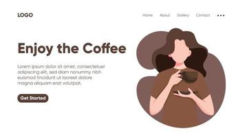 modèle de page de destination modifiable avec illustration d'une femme appréciant le café vecteur