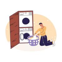 lessive à domicile. jeune homme chargeant une machine à laver, un panier avec des vêtements. laverie automatique, scène de ménage. notion de nettoyage. illustration de vecteur de dessin animé plat, couleurs à la mode, isolé sur fond blanc.
