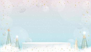 Podium blanc de piédestal d'affichage 3d avec arbre conique, éléments dorés et bulles sur fond rose, bleu, concept de conception de vecteur pour carte de Noël.toile de fond pour la vente de vacances d'hiver, concept de promotion