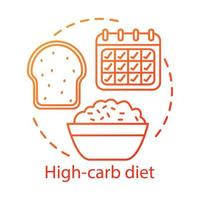 nutrition végétarienne, icône de concept de régime riche en glucides. illustration de ligne mince d'idée de mode de vie végétalien. alimentation saine, perte de poids. bol de riz, pain frais et calendrier dessin vectoriel isolé