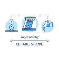 icône de concept de l'industrie de l'eau. château d'eau, barrage, robinet. accumulation, traitement, distribution d'eau, illustration de la ligne mince de l'idée des eaux usées. dessin de contour isolé de vecteur. trait modifiable vecteur