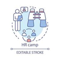 icône de concept de camp de ressources humaines. club d'entreprise d'été, illustration de fine ligne d'idée de communauté. entreprise, bootcamp des employés d'entreprise. dessin de contour isolé de vecteur. trait modifiable vecteur