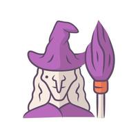 icône de couleur violette de sorcière. méchante sorcière, sorcière avec manche à balai. costume d'Halloween. vieille femme maléfique au chapeau de sorcier et balai. illustration vectorielle isolée vecteur