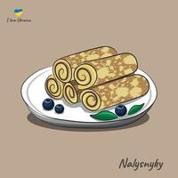 un plat de cuisine nationale ukrainienne, nalysnyky, crêpes fourrées de caillé sur une assiette blanche, un vecteur plat sur fond beige