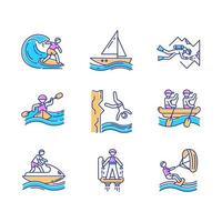 jeu d'icônes de couleur de sports nautiques. plongée souterraine, surf, flyboard et voile. plongée en falaise, kayak et planche à voile. sports extrêmes. activités de plage d'été. illustrations vectorielles isolées vecteur