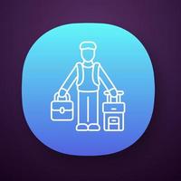 icône de l'application homme immigrant. réfugié avec valise et sac à dos. voyager à l'étranger. voyage en solo, vacances, tourisme. immigration. interface utilisateur ui ux. application web ou mobile. illustration vectorielle isolée vecteur