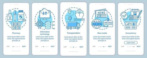 les industries de services intègrent l'écran de la page de l'application mobile avec des concepts linéaires. médias, technologies de l'information. instructions graphiques en cinq étapes. modèle vectoriel ux, ui, gui avec illustrations