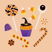 ensemble de bonbons d'halloween. sucettes, bonbons, cupcake. éléments vectoriels pour la conception. vecteur