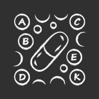 icône de craie de pilules de vitamines. complexe multivitaminé a, b, c, d, e, k. médicaments multivitaminés. minéraux vitaux et antioxydants. la santé et la médecine. illustration de tableau vectoriel isolé