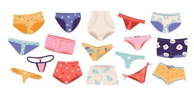 ensemble de culottes pour femmes. types de sous-vêtements féminins. string, tanga, bikini. Culotte coquine, hipster, amincissante. illustration vectorielle plane vecteur