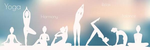 bannière de vecteur de yoga floue avec des poses de yoga silhouette. conception de bannières pour studio de yoga ou site Web, ou impression. notion de détente.