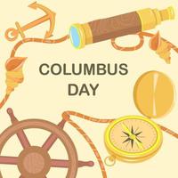 carte postale columbus day télescope, volant, corde, coquille, boussole vecteur