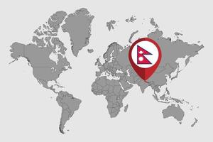 épinglez la carte avec le drapeau népalais sur la carte du monde. illustration vectorielle. vecteur