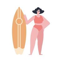 femme avec planche de surf jaune vecteur