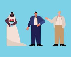 trois personnages interracial de mariage vecteur