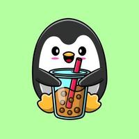 pingouin mignon avec illustration d'icône de vecteur de dessin animé de thé au lait boba. concept de dessin animé plat