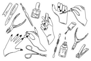 mains manucurées féminines et équipements pour studio de manucure ou salon de spa. dame peignant, polissant les ongles. illustration vectorielle de mains féminines élégantes dans un style minimaliste branché. routine beauté vecteur