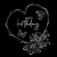 salutations d'anniversaire dans un cadre de coeur avec des fleurs et des papillons en technique de doodle vecteur