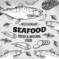 illustration de restaurant de fruits de mer dessinés à la main de vecteur. style vintage. fond de croquis rétro. modèle vecteur