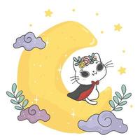 mignon halloween chaton blanc chat vampire fille sur la phase de lune, dessin à la main de doodle de dessin animé animal, joyeux hallooween vecteur