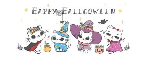 groupe de mignon chaton halloween chat en costume de fête dessin animé animal de compagnie doodle dessin à la main vecteur