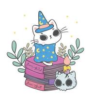 jolie fille de sorcière de chat chaton blanc halloween sur des livres de sorcière empilés, dessin à la main de doodle de dessin animé animal, joyeux hallooween vecteur