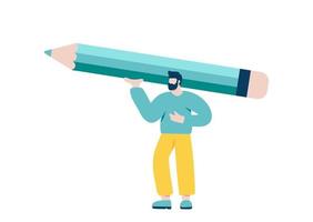 petit homme tenant un gros crayon turquoise au-dessus de sa tête. concept d'information de recherche, solution, analyse, écriture, journaliste, blogueur. illustration vectorielle dans un style plat, chara-design vecteur