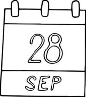 calendrier dessiné à la main dans un style doodle. 28 septembre. journée mondiale de la rage, date. icône, élément autocollant pour la conception. planification, vacances d'affaires vecteur