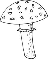 croquis d'agaric de mouche aux champignons doodle dessiné à la main. pour carte de conception, icône, affiche, monochrome. plante naturelle vecteur