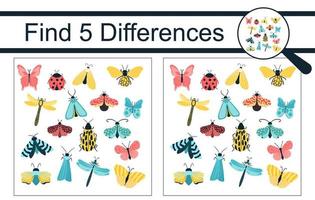 trouvez les Différences. jeu éducatif pour les enfants. collection d'insectes colorés, papillons, coléoptères, libellules, fleurs. illustration vectorielle, style cartoon. vecteur
