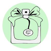 L'élément unique est un flacon de parfum carré ouvert avec un nœud et votre logo, dans un style tendance. vecteur