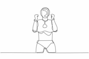 un seul robot de dessin en ligne continue debout avec les deux mains fait un geste oui, célèbre le succès du projet de l'entreprise. intelligence artificielle robotique moderne. illustration vectorielle de conception graphique d'une ligne vecteur