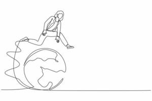 femme d'affaires de dessin en ligne continue unique sautant par-dessus le globe. partenariat international, coopération et travail d'équipe dans les affaires. destination de voyage. une ligne dessiner illustration vectorielle de conception graphique vecteur