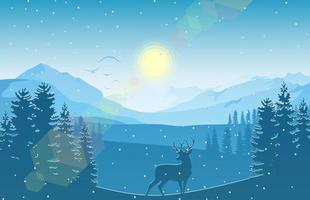 paysage de montagne d'hiver avec des cerfs et des forêts à la neige qui tombe vecteur
