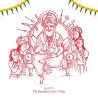 dessin à la main heureux vishwakarma puja croquis coloré conception de cartes de célébration vecteur