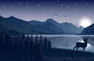 paysage de montagne avec cerf et forêt la nuit vecteur