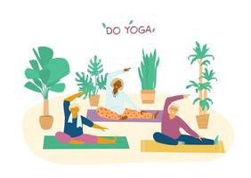 illustration vectorielle plane de cours de yoga de groupe de personnes âgées. différentes races de vieilles femmes qui s'étendent sur des tapis de yoga entourés de plantes. retraite active et en bonne santé. vecteur